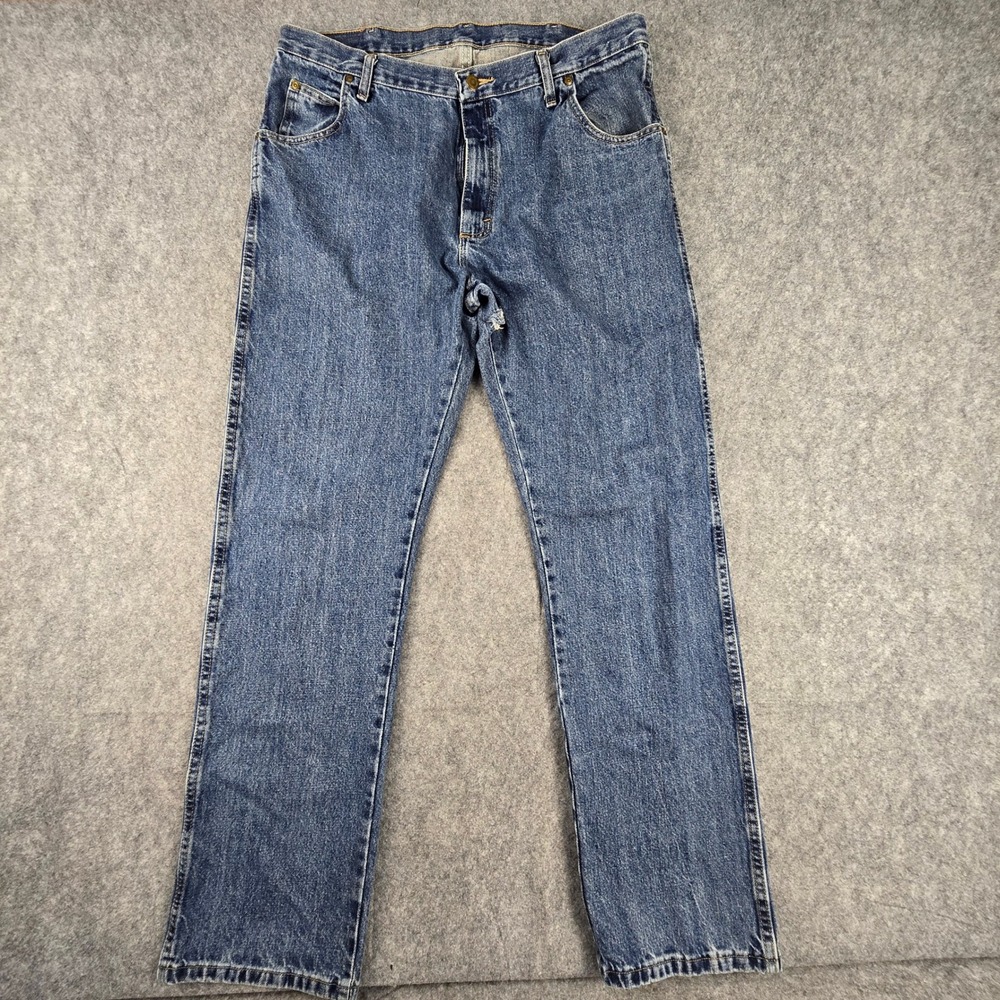 Wrangler Jeans Mens 38x34 Blue Rugged Wear Straight Leg Crotch Tear Distressed